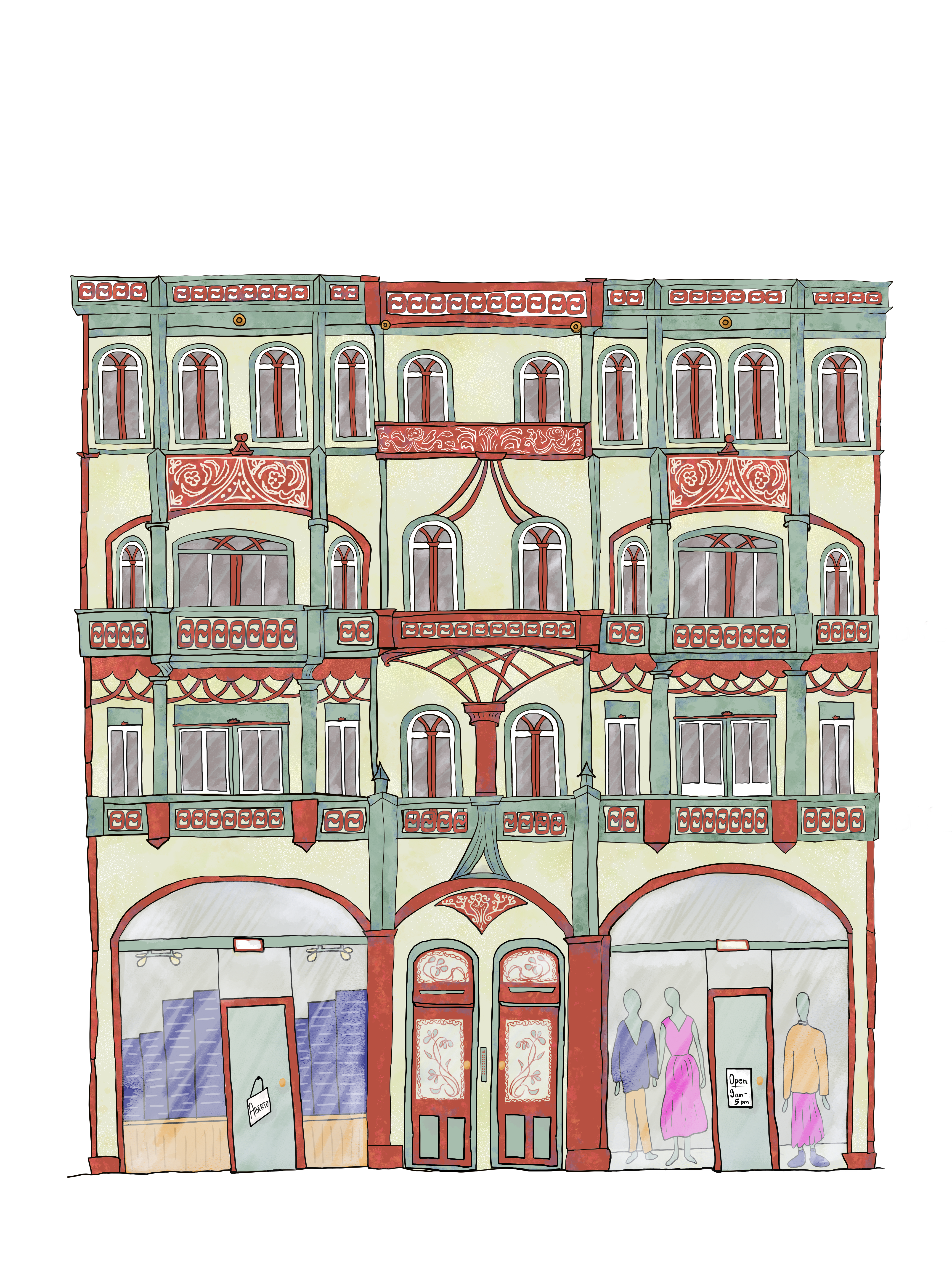 Illustrated Porto postcard featuring Eclectic House, with expressive pastel textures and subtle watercolor washes.