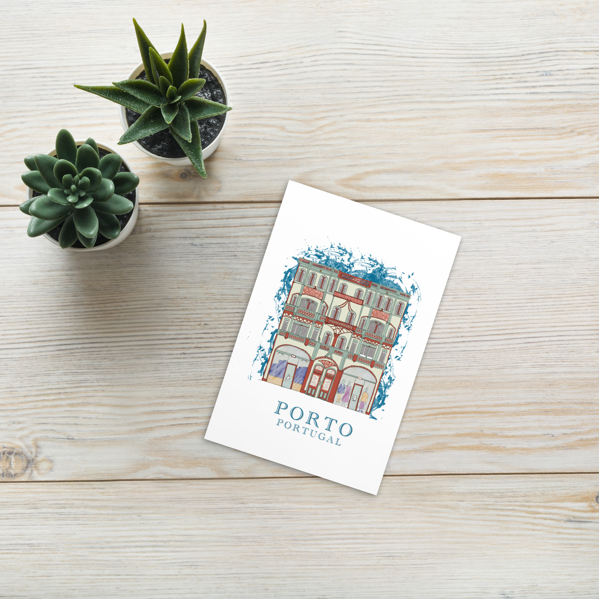 Illustrated Porto postcard featuring Eclectic House, with expressive pastel textures and subtle watercolor washes.
