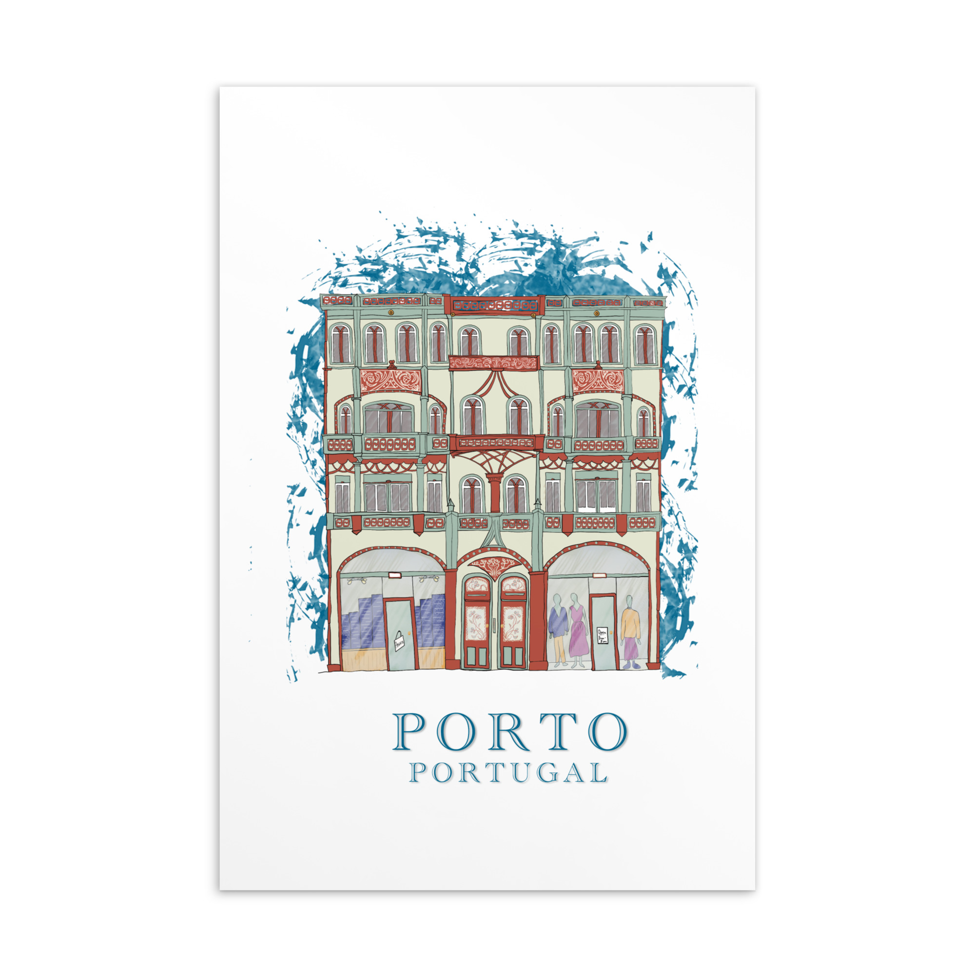 Illustrated Porto postcard featuring Eclectic House, with expressive pastel textures and subtle watercolor washes.