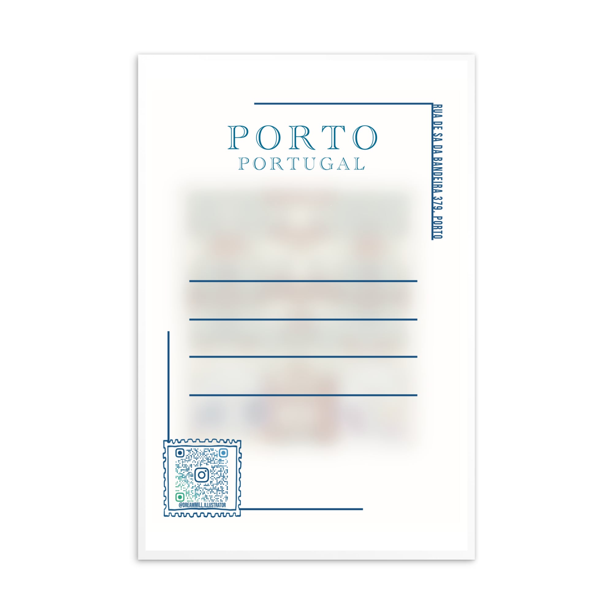 Illustrated Porto postcard featuring Eclectic House, with expressive pastel textures and subtle watercolor washes.