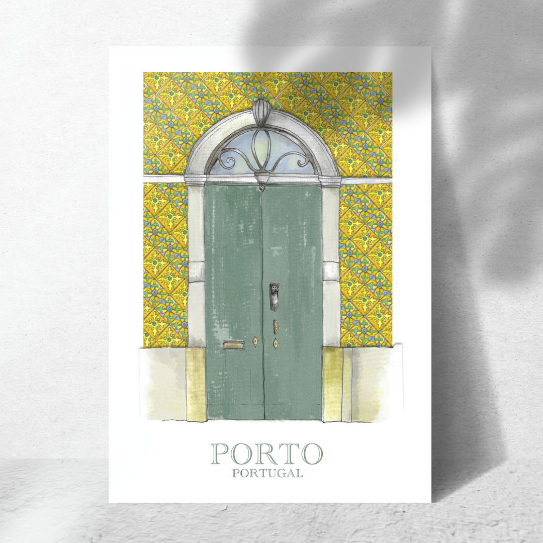 Detailed architectural drawing of Portuguese door with azulejo  in Porto, using soft pastel pencils and watercolor to highlight structure and colours