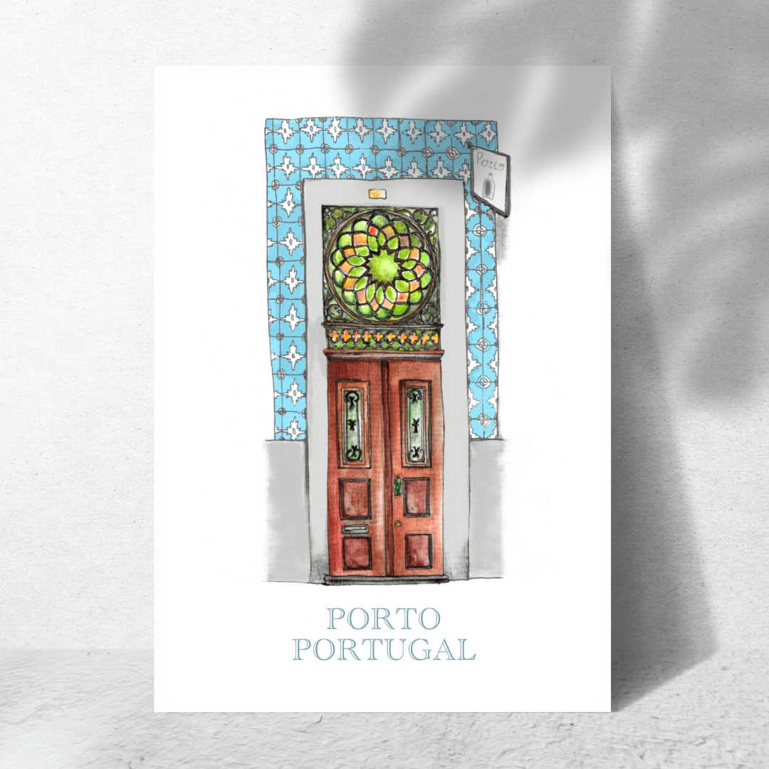 Detailed architectural drawing of Portuguese door with blue tiles  in Porto, using soft pastel pencils and watercolor to highlight structure and colours