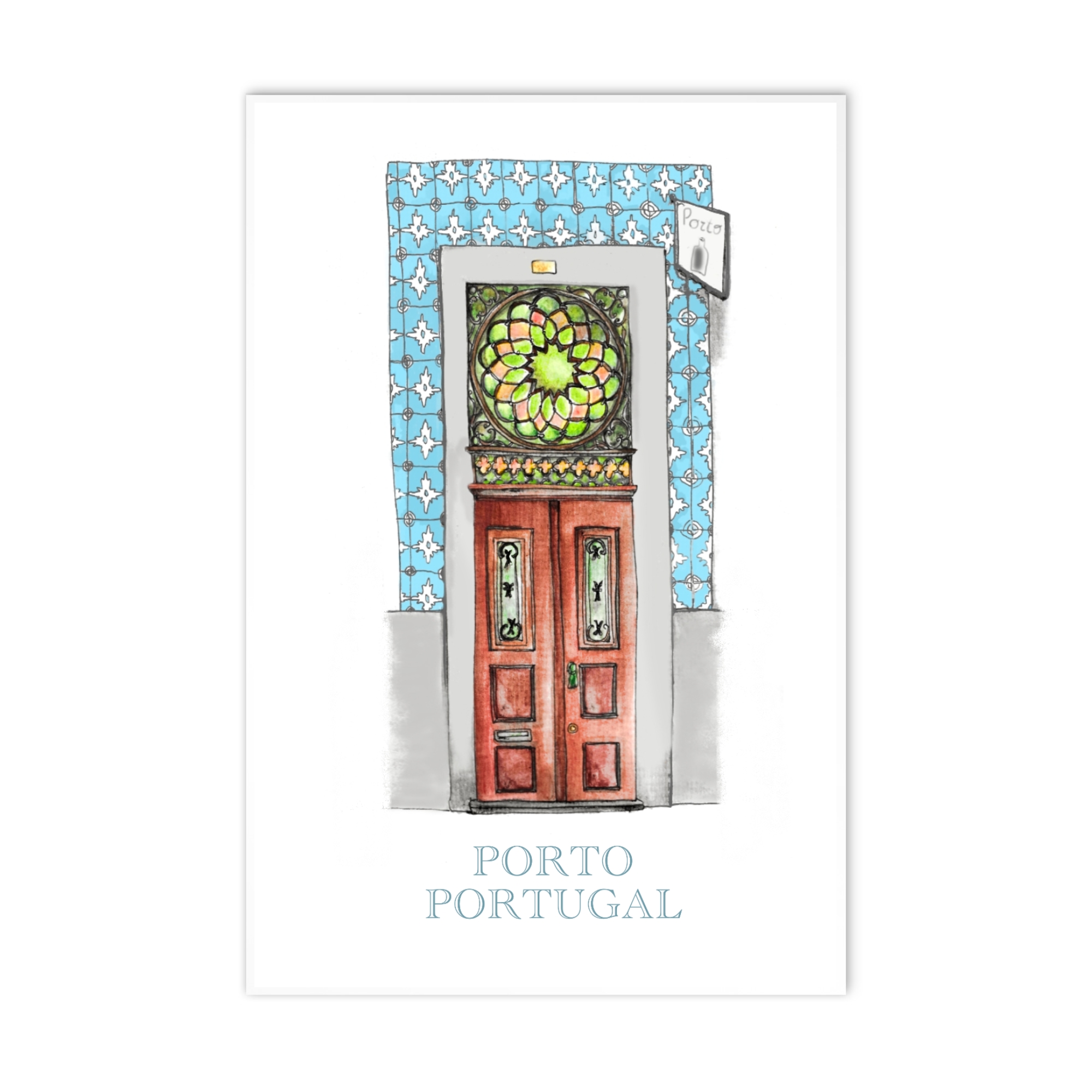 Detailed architectural drawing of Portuguese door with blue tiles  in Porto, using soft pastel pencils and watercolor to highlight structure and colours