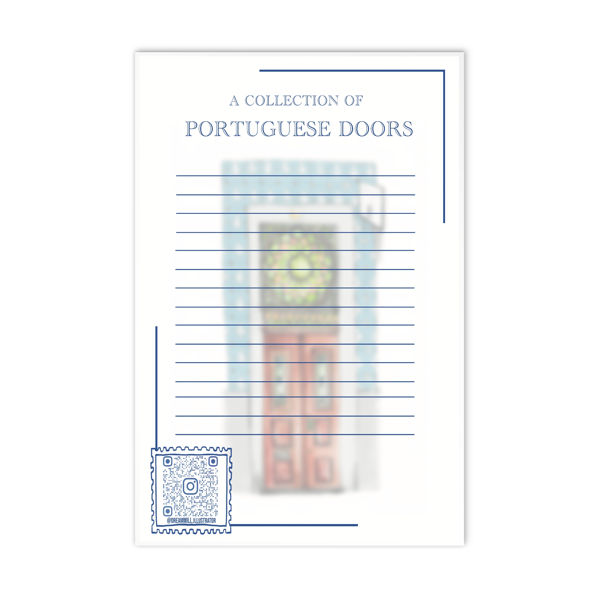 Detailed architectural drawing of Portuguese door with blue tiles  in Porto, using soft pastel pencils and watercolor to highlight structure and colours