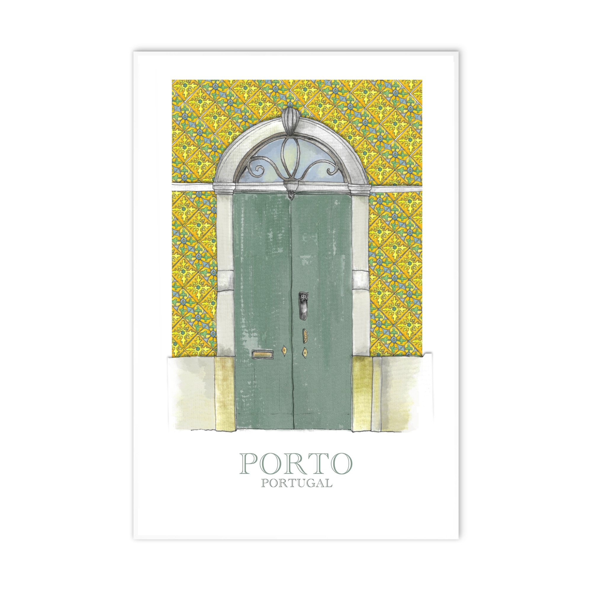 Detailed architectural drawing of Portuguese door with azulejo  in Porto, using soft pastel pencils and watercolor to highlight structure and colours