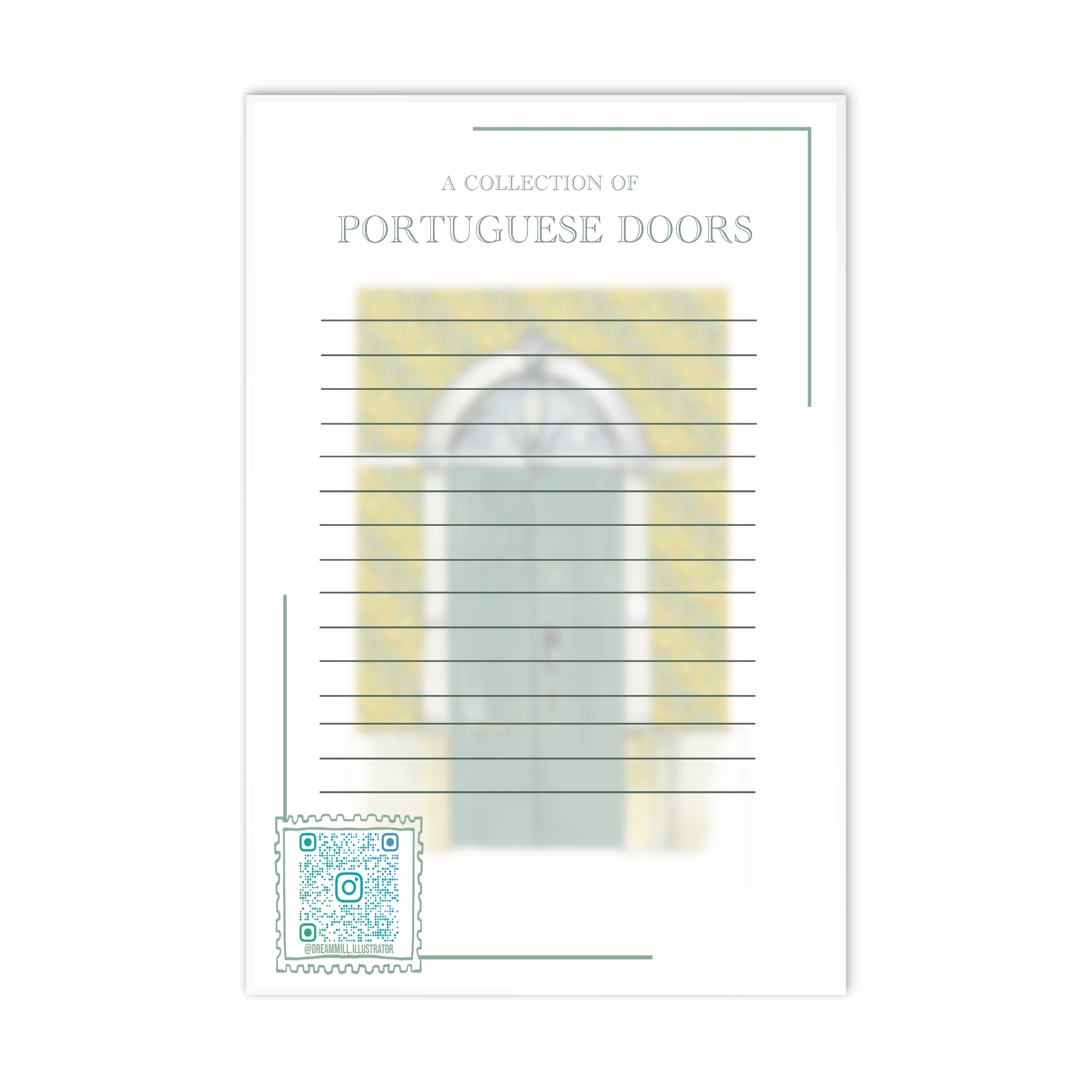 Detailed architectural drawing of Portuguese door with azulejo  in Porto, using soft pastel pencils and watercolor to highlight structure and colours