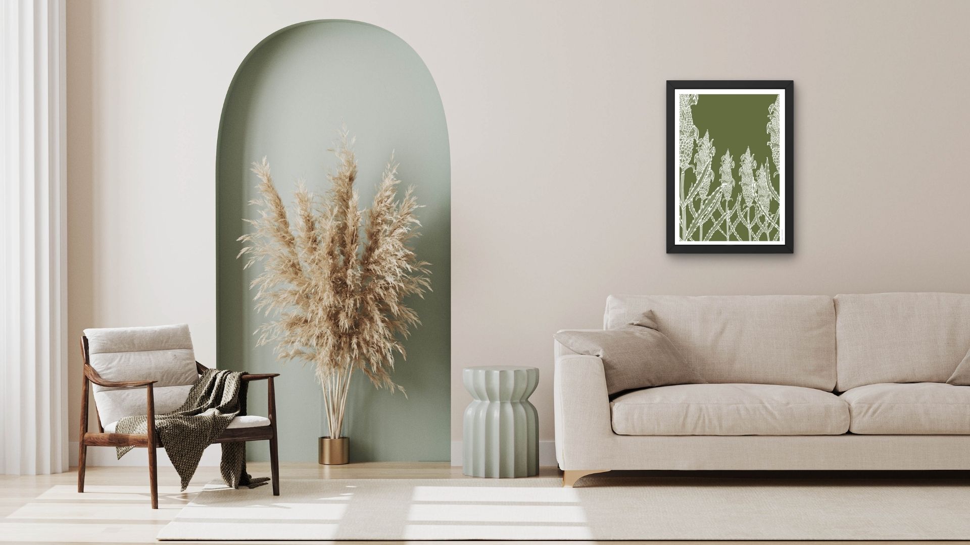 art print with hand-drawn flower in art-deco style on green