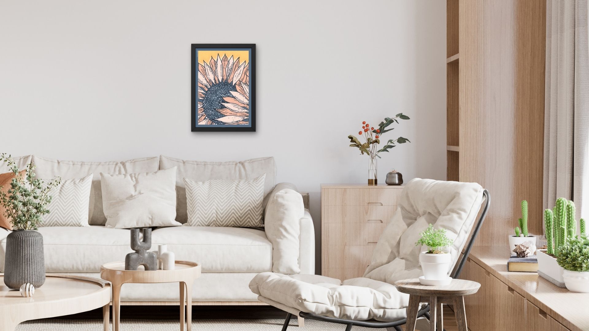 art print with hand-drawn sunflower on yellow