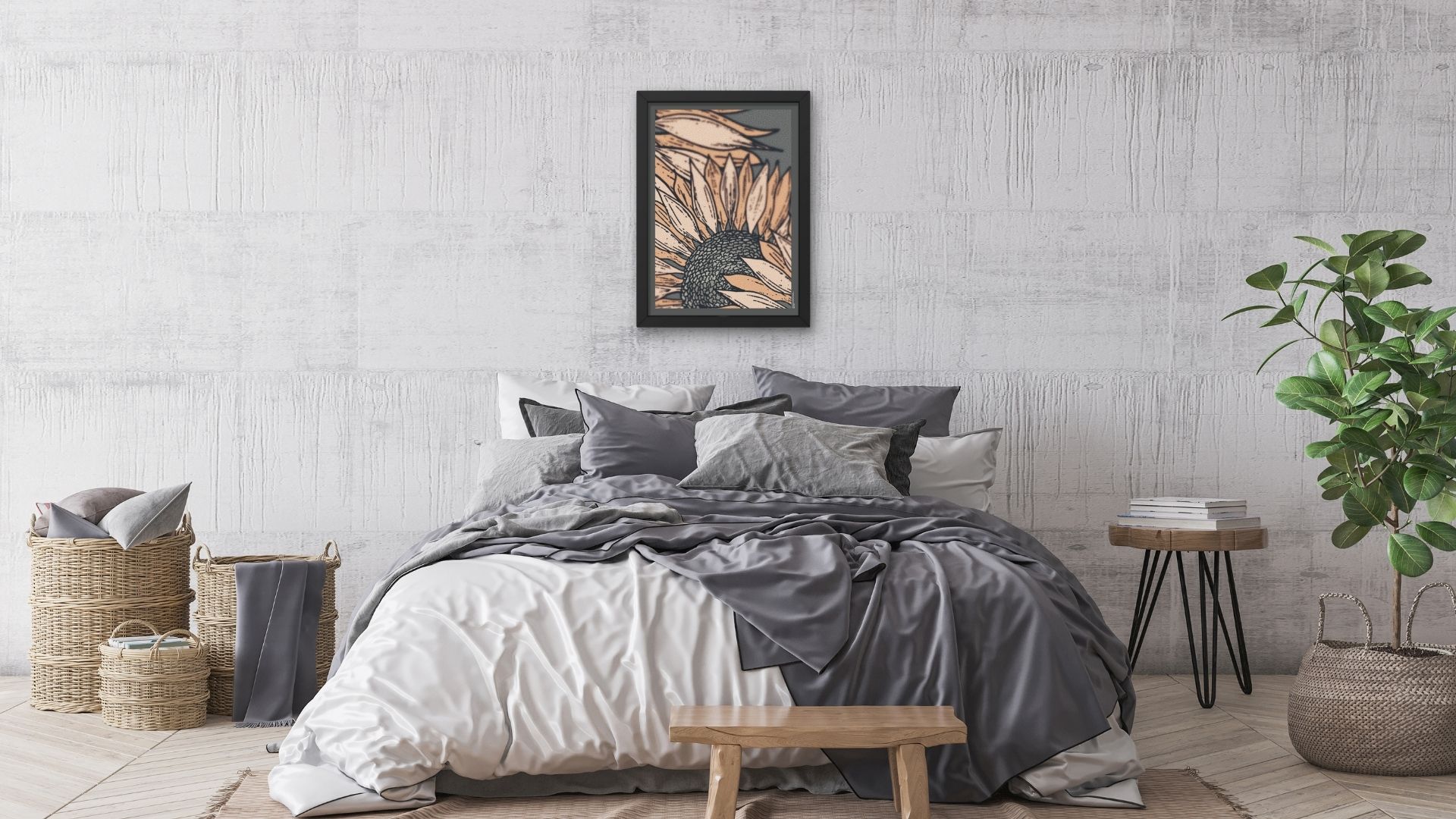 art print with hand-drawn sunflower on grey