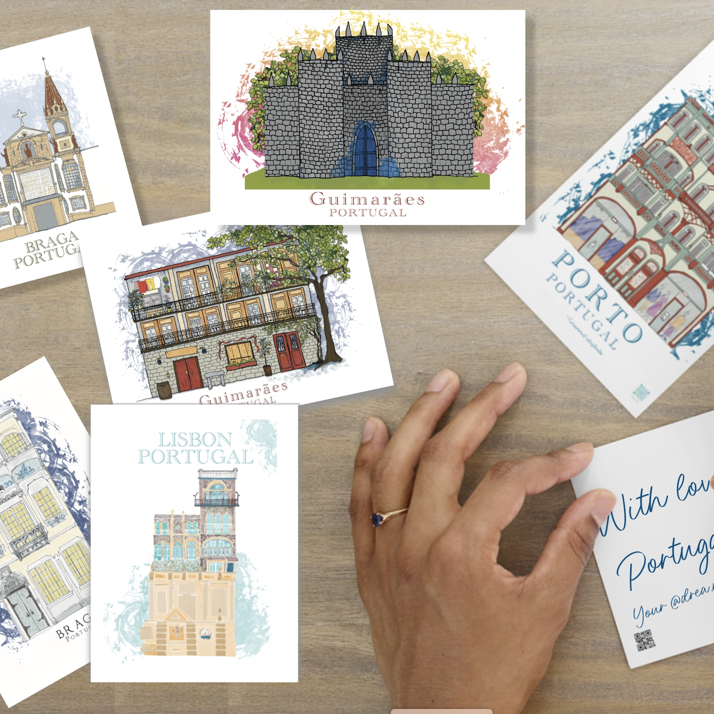 hand drawn postcard in watercolor from Portugal