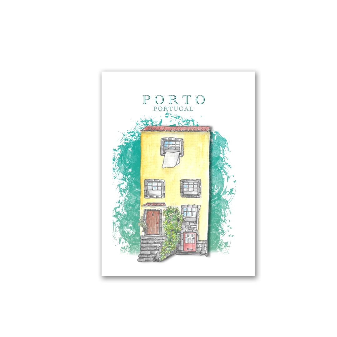 Porto postcard featuring famous square , illustrated in soft pastel and watercolor with detailed historic architecture.