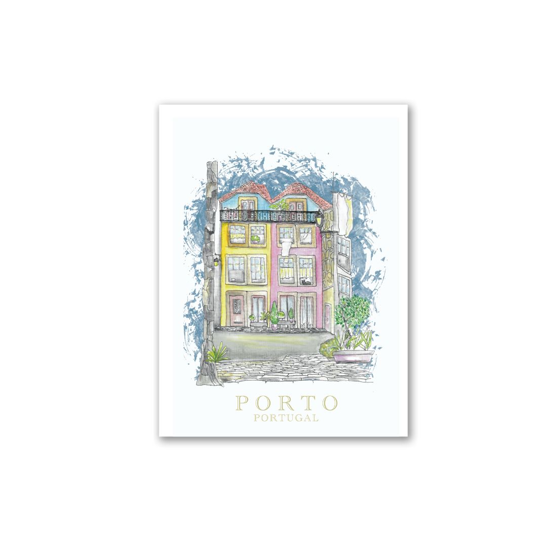 Hand-drawn architectural illustration of famous square in Porto, highlighting historic design elements using soft pastel pencils and watercolor.