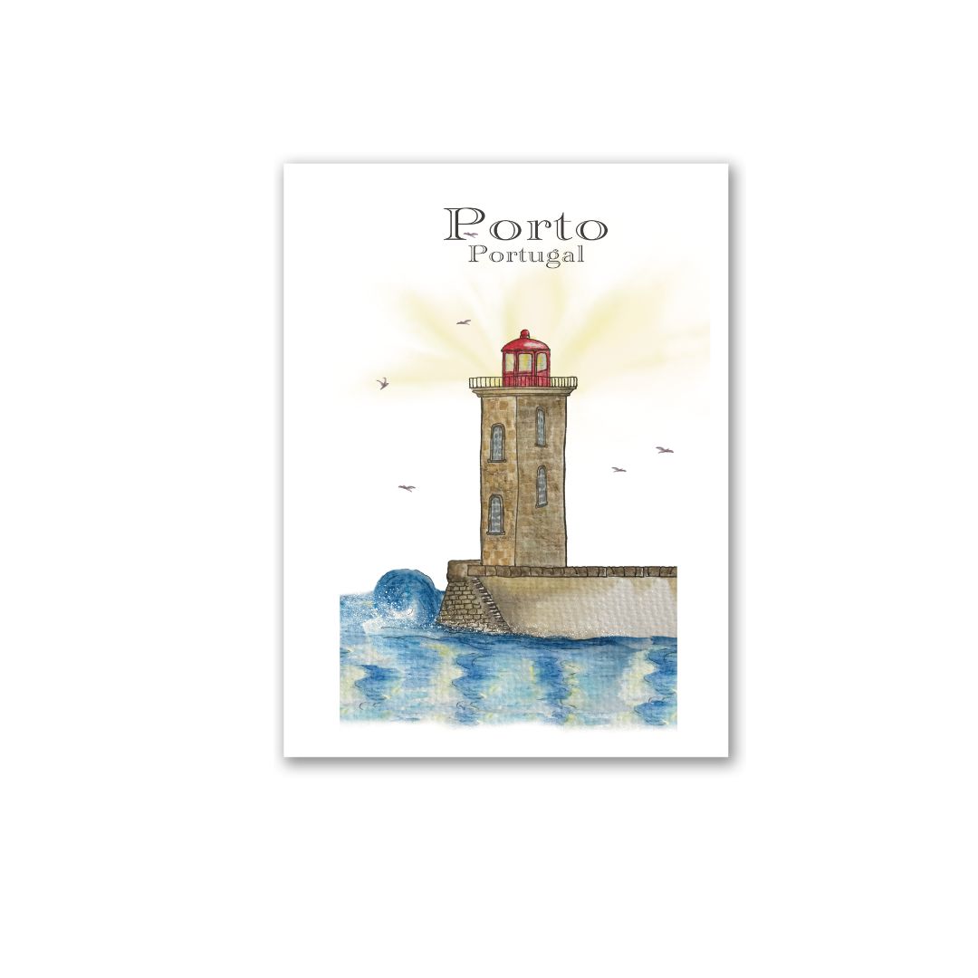Postcard of the Felgueiras Lighthouse in Porto, illustrated with soft pastel pencils and watercolor, capturing the coastal architecture and Atlantic atmospher