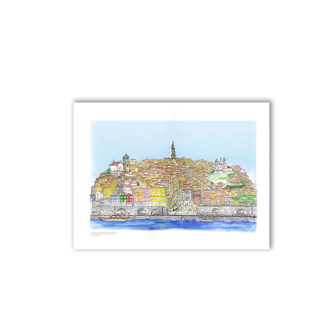 Pastel illustration of Porto capturing warm light over historic rooftops and narrow streets in the city’s old district.