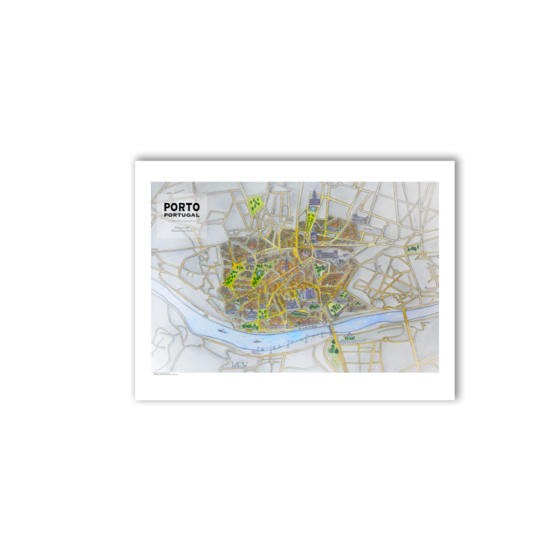 Detailed architectural drawing of Porto’s map, focusing on textures, iconic buildings, and river