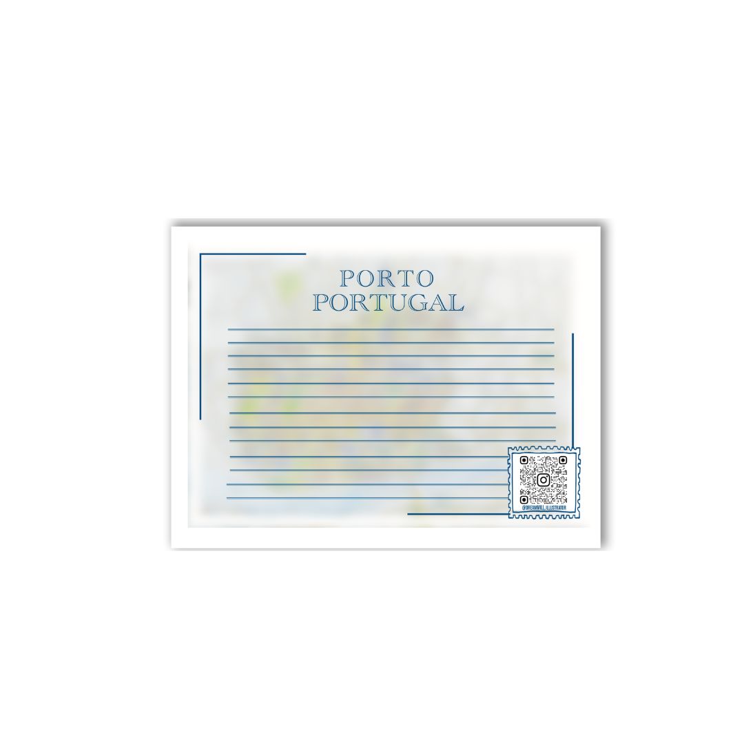 Detailed architectural drawing of Porto’s map, focusing on textures, iconic buildings, and river