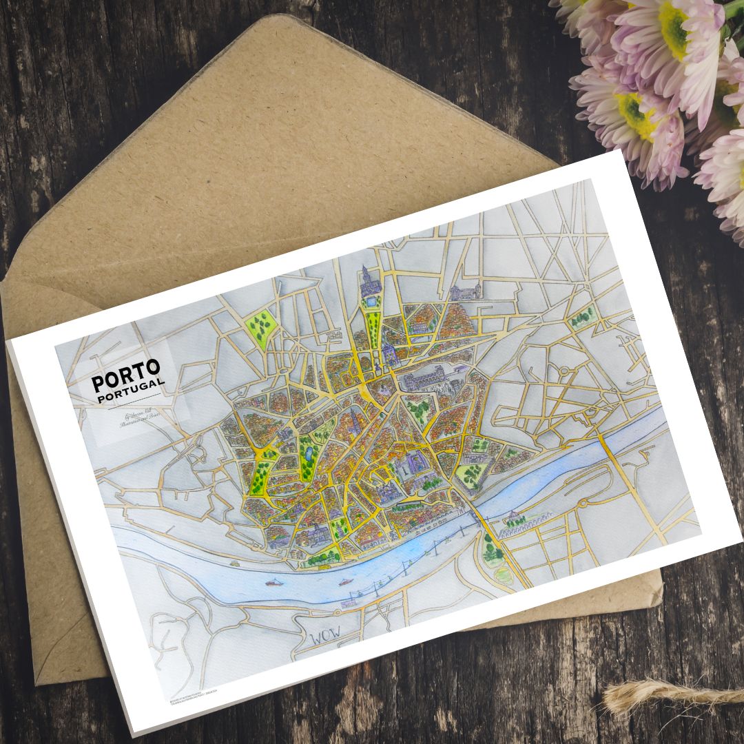 Detailed architectural drawing of Porto’s map, focusing on textures, iconic buildings, and river