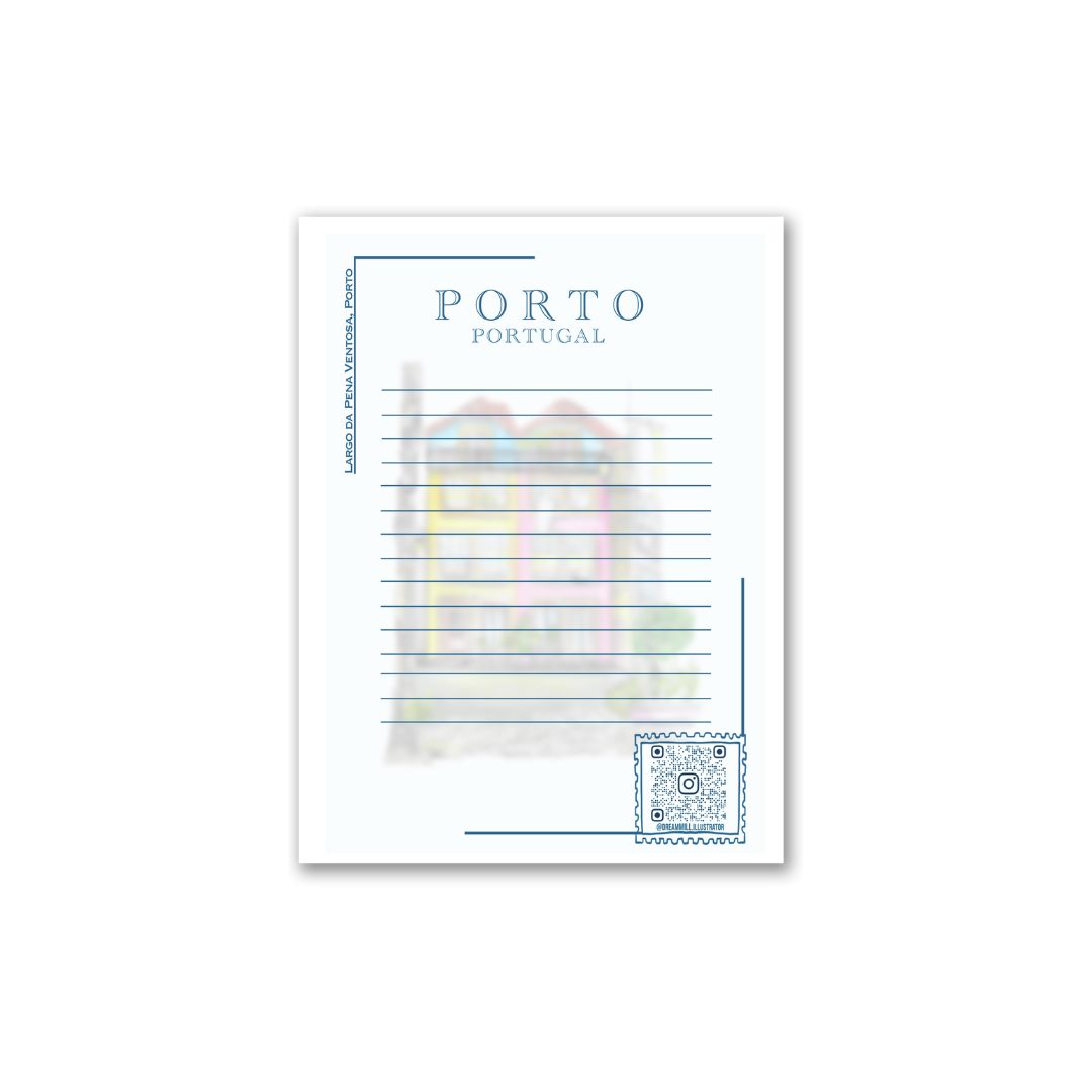 Hand-drawn architectural illustration of famous square in Porto, highlighting historic design elements using soft pastel pencils and watercolor.