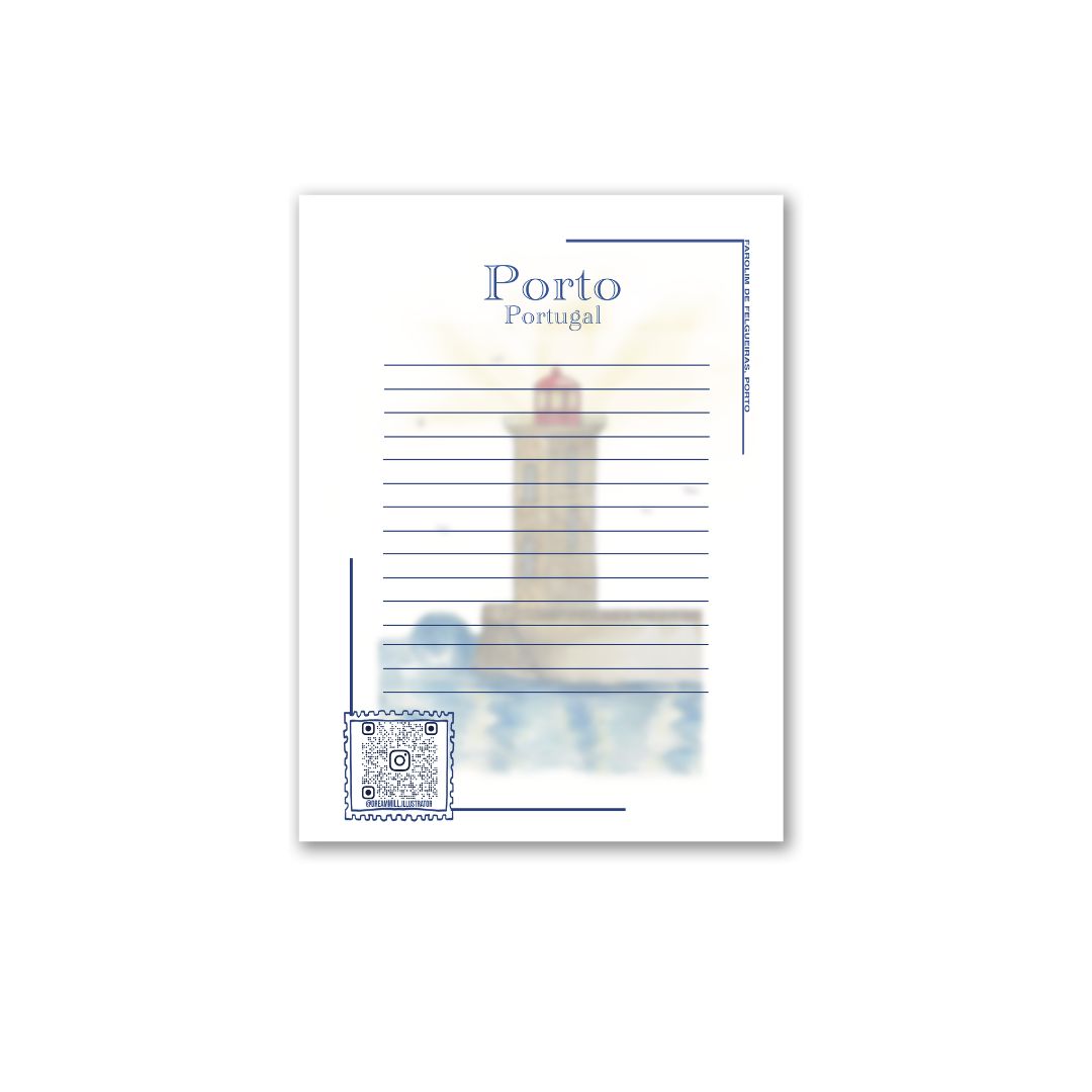Postcard of the Felgueiras Lighthouse in Porto, illustrated with soft pastel pencils and watercolor, capturing the coastal architecture and Atlantic atmospher