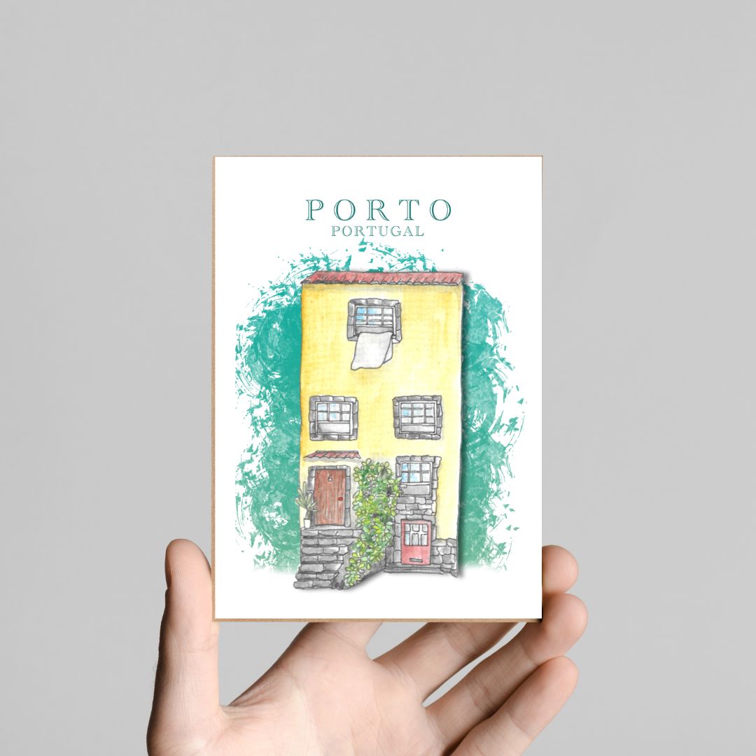 Porto postcard featuring famous square , illustrated in soft pastel and watercolor with detailed historic architecture.