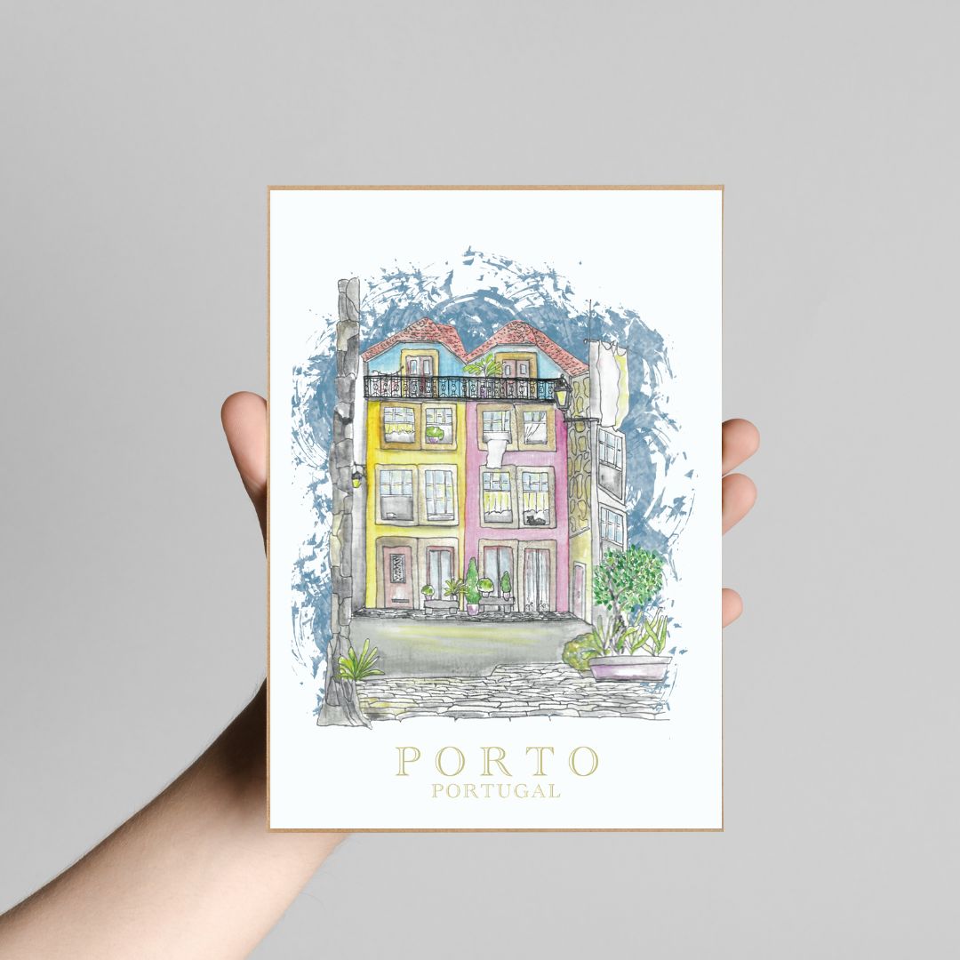 Hand-drawn architectural illustration of famous square in Porto, highlighting historic design elements using soft pastel pencils and watercolor.