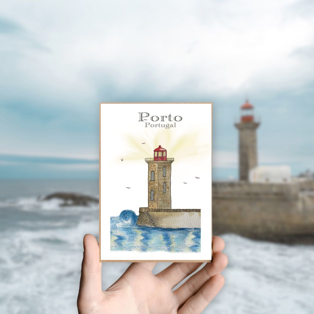 Postcard of the Felgueiras Lighthouse in Porto, illustrated with soft pastel pencils and watercolor, capturing the coastal architecture and Atlantic atmospher
