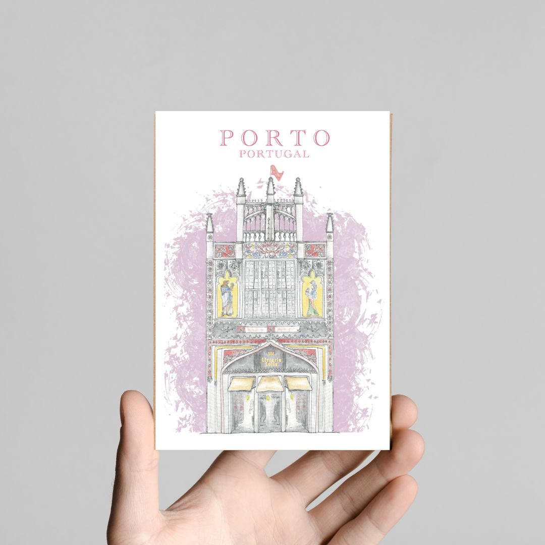 Illustrated postcard of Livraria Lello in Porto, created with soft pastel pencils and watercolor, showing the iconic bookstore façade and ornate details.