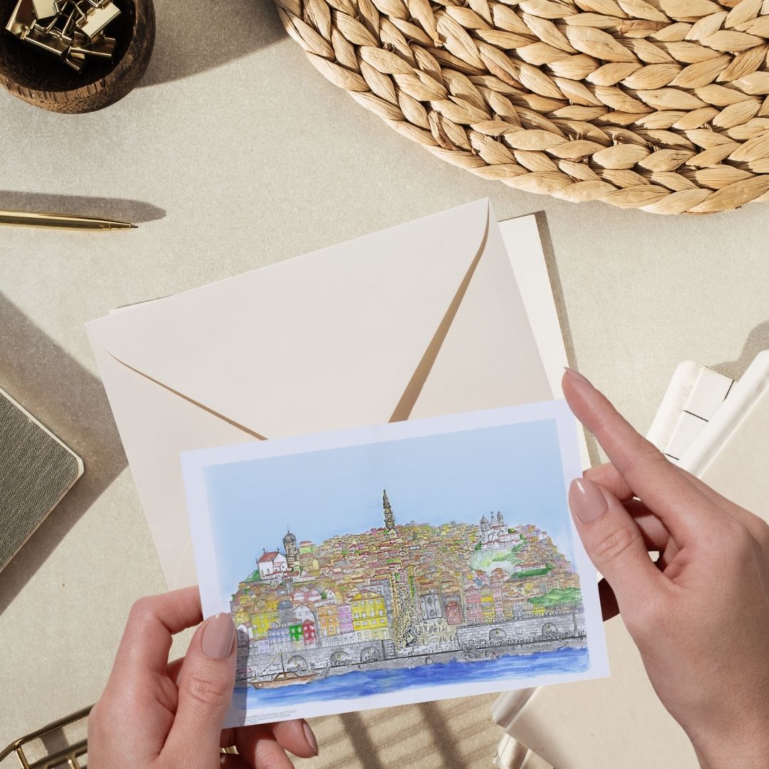 Pastel illustration of Porto capturing warm light over historic rooftops and narrow streets in the city’s old district.