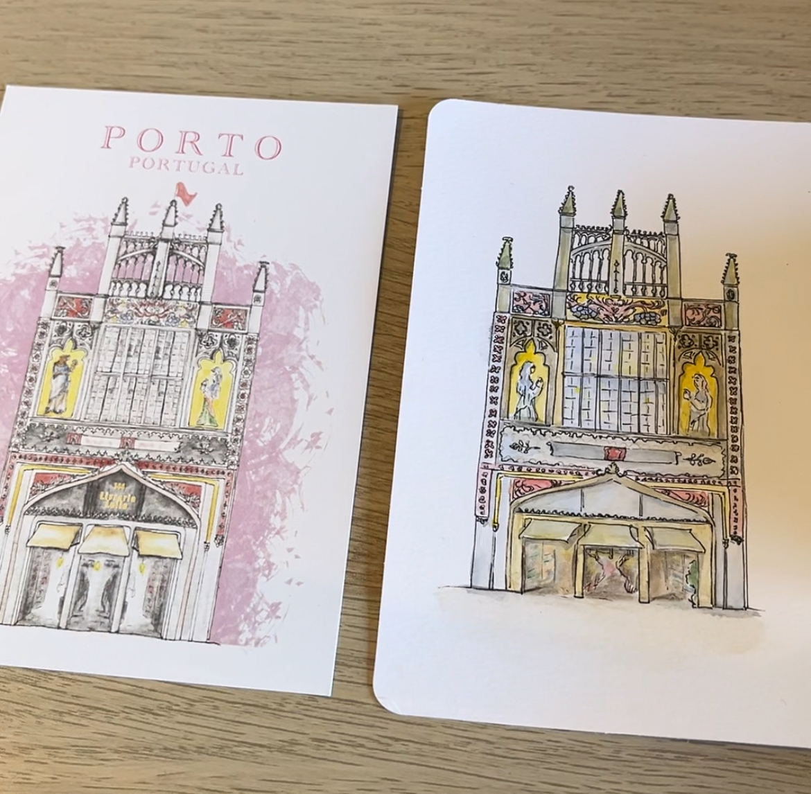 Scenic Porto bookstore Lello artwork in soft pastel and watercolor, showcasing historic bookstore architecture and example of eclectic architecture