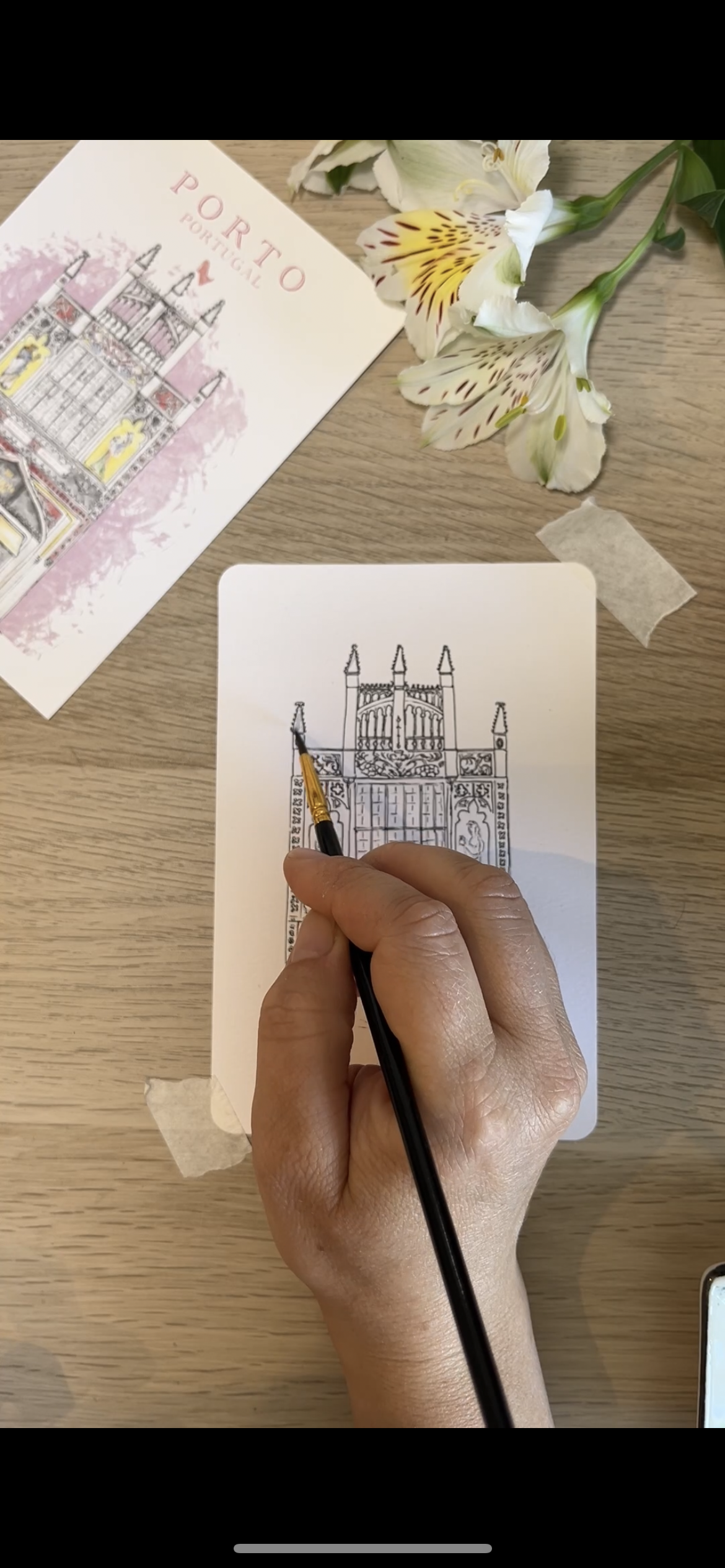 Scenic Porto bookstore Lello artwork in soft pastel and watercolor, showcasing historic bookstore architecture and example of eclectic architecture