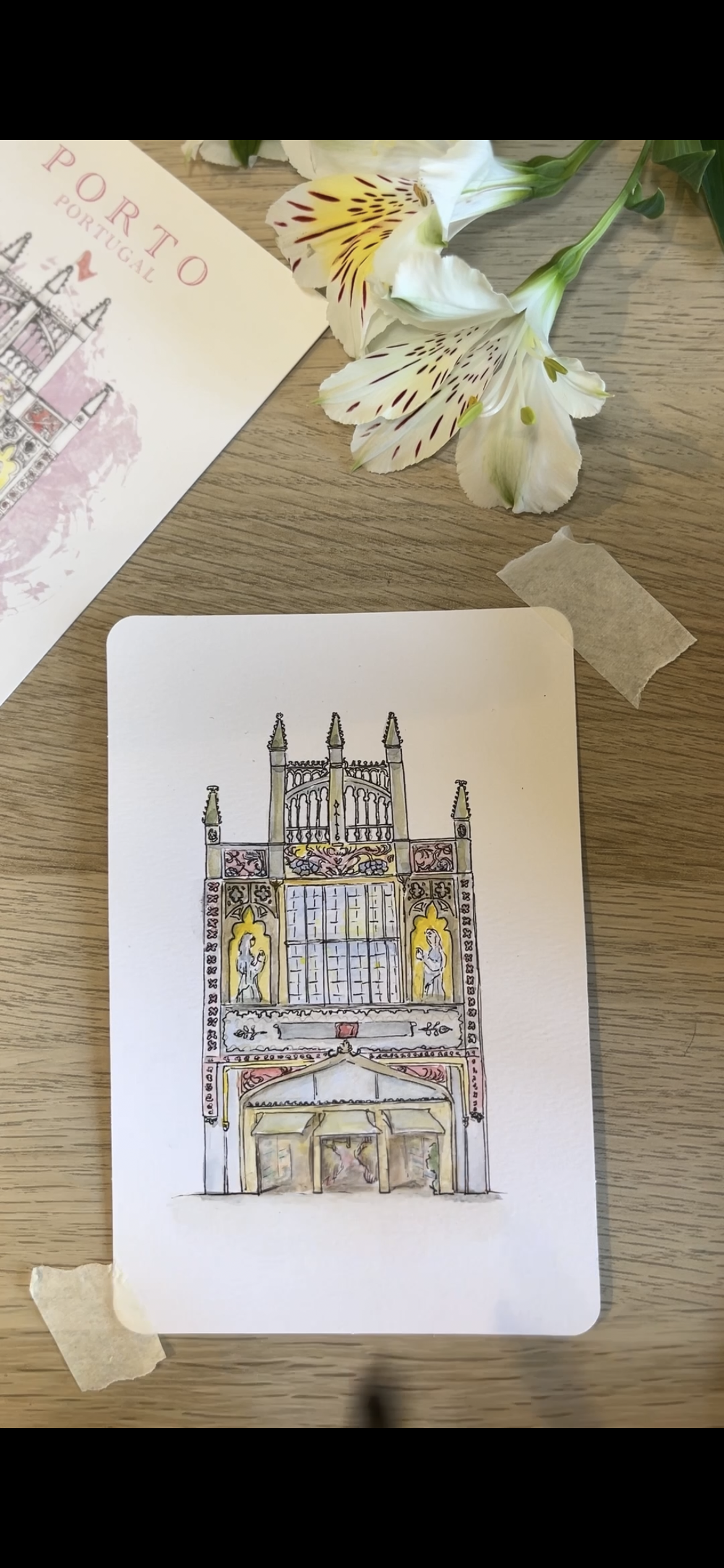 Scenic Porto bookstore Lello artwork in soft pastel and watercolor, showcasing historic bookstore architecture and example of eclectic architecture