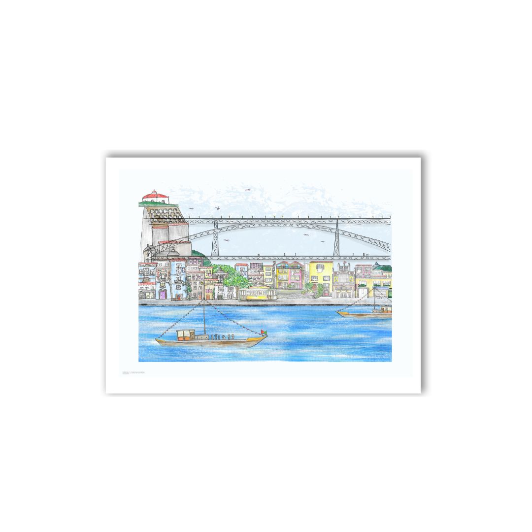 Illustrated postcard of Porto featuring historic riverside buildings, tiled facades, and the Douro River in soft pastel tones.