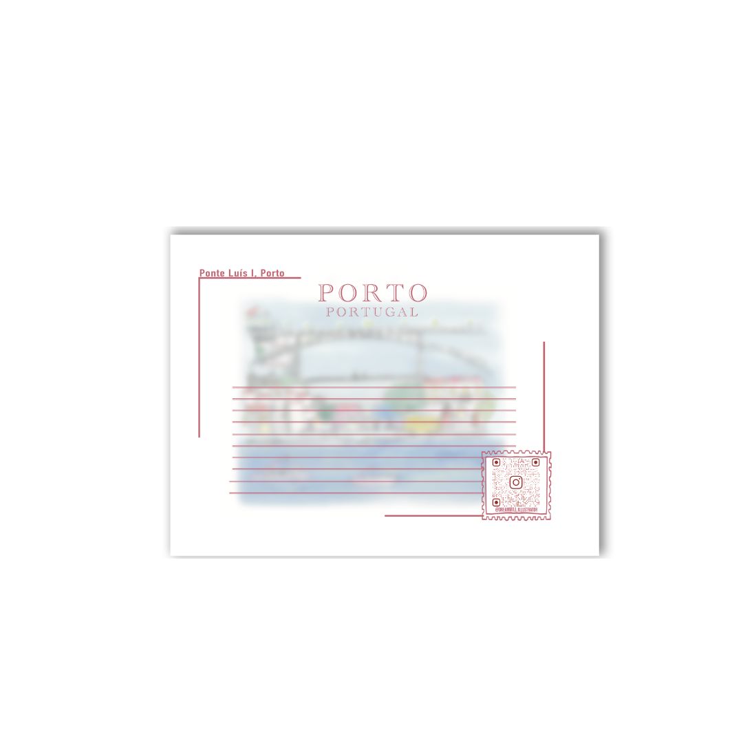 Illustrated postcard of Porto featuring historic riverside buildings, tiled facades, and the Douro River in soft pastel tones.